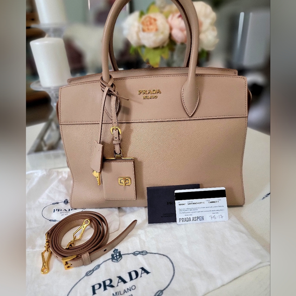 PRADA Authentic Saffiano and City Leather Paradigme Tote Cammeo EUC All Included